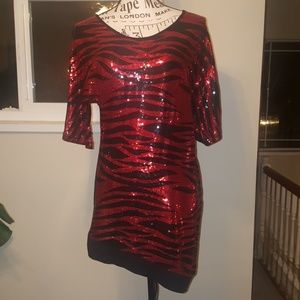 Asymmetrical Sequin red & black zebra print top